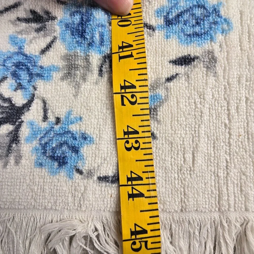 Vintage Bath Towel Blue Rose Floral Fringe Martex USA 23x47 70s Cottagecore Boho